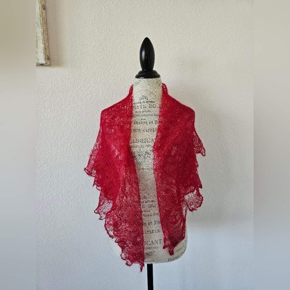 Vibrant Red Orenburg Russian Lace Scarf - Gossamer Goat Down Pautinka Stole